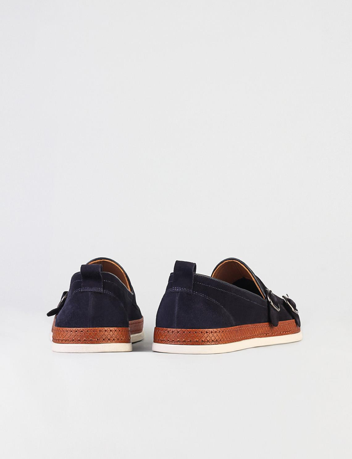 Men Navy Blue Genuine Leather Suede Double Monk Strap Shoes