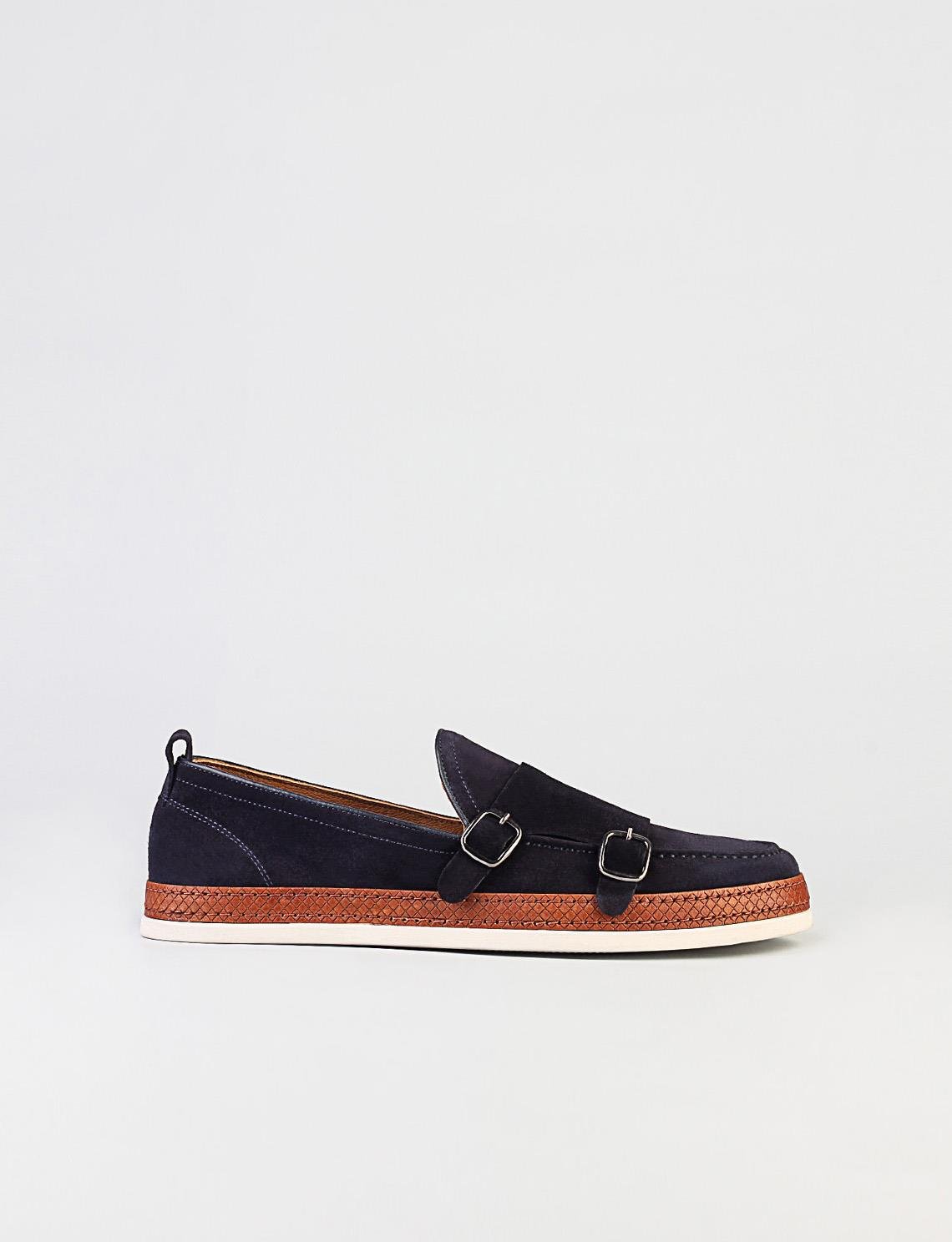 Men Navy Blue Genuine Leather Suede Double Monk Strap Shoes