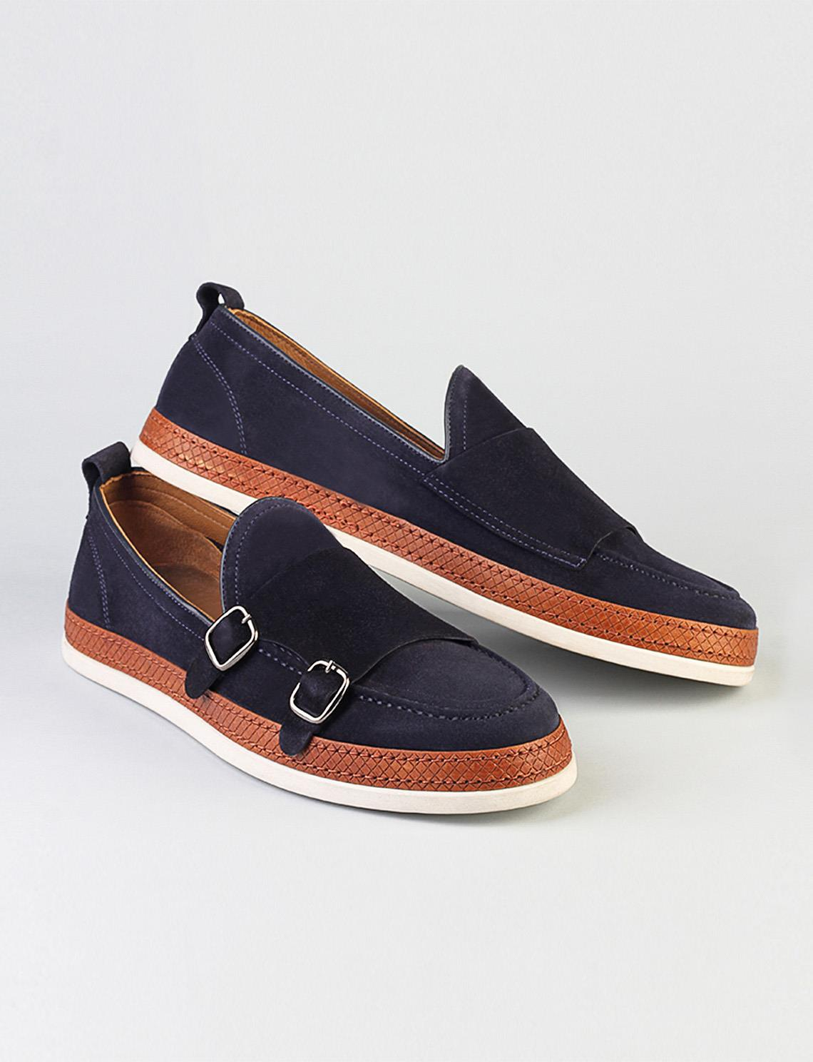 Men Navy Blue Genuine Leather Suede Double Monk Strap Shoes