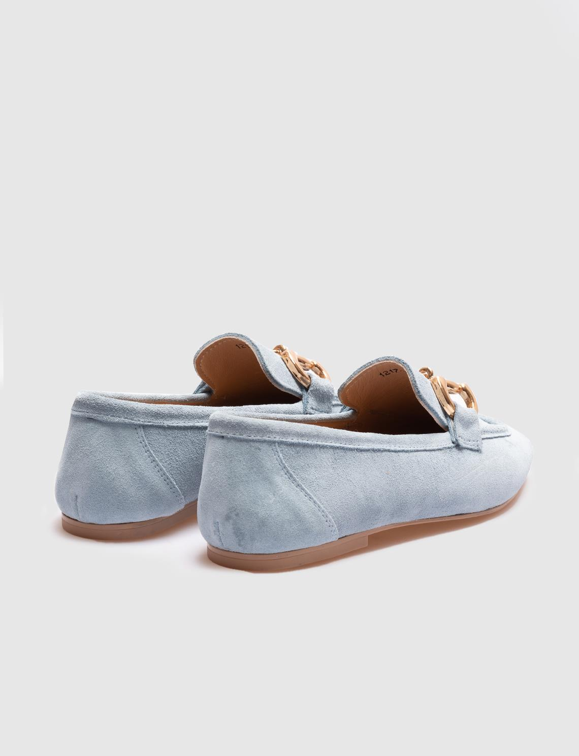 Women Blue Genuine Leather Metal Decor Loafers