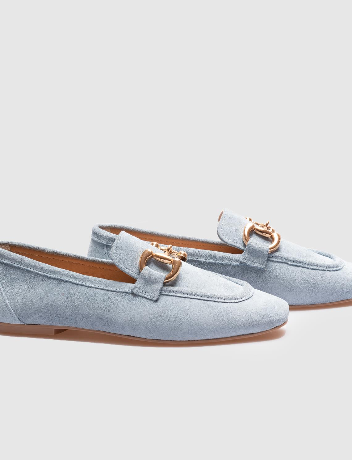 Women Blue Genuine Leather Metal Decor Loafers