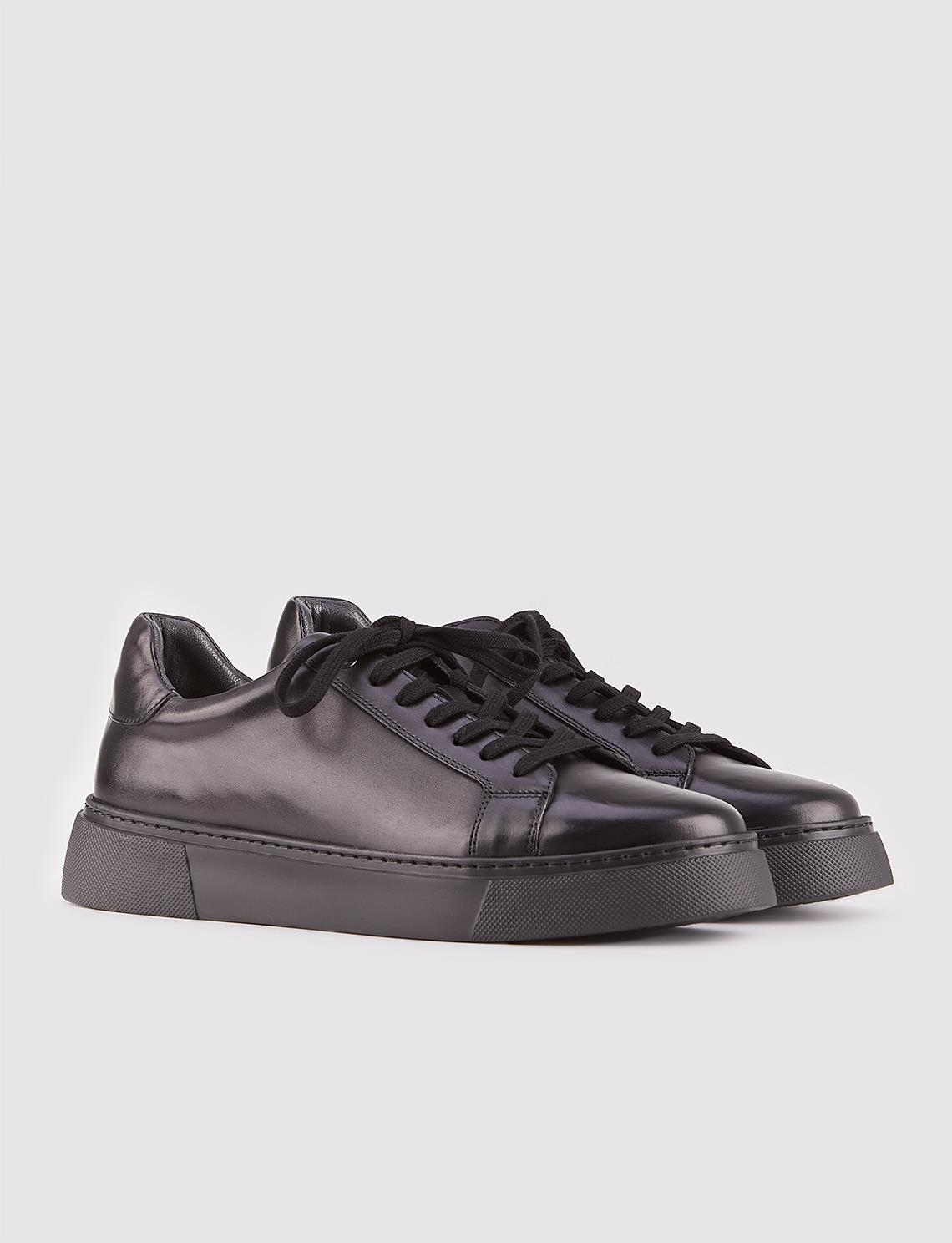 Hakiki Deri Siyah Bağcıklı Eva Tabanlı Sneaker Erkek Spor Ayakkabı