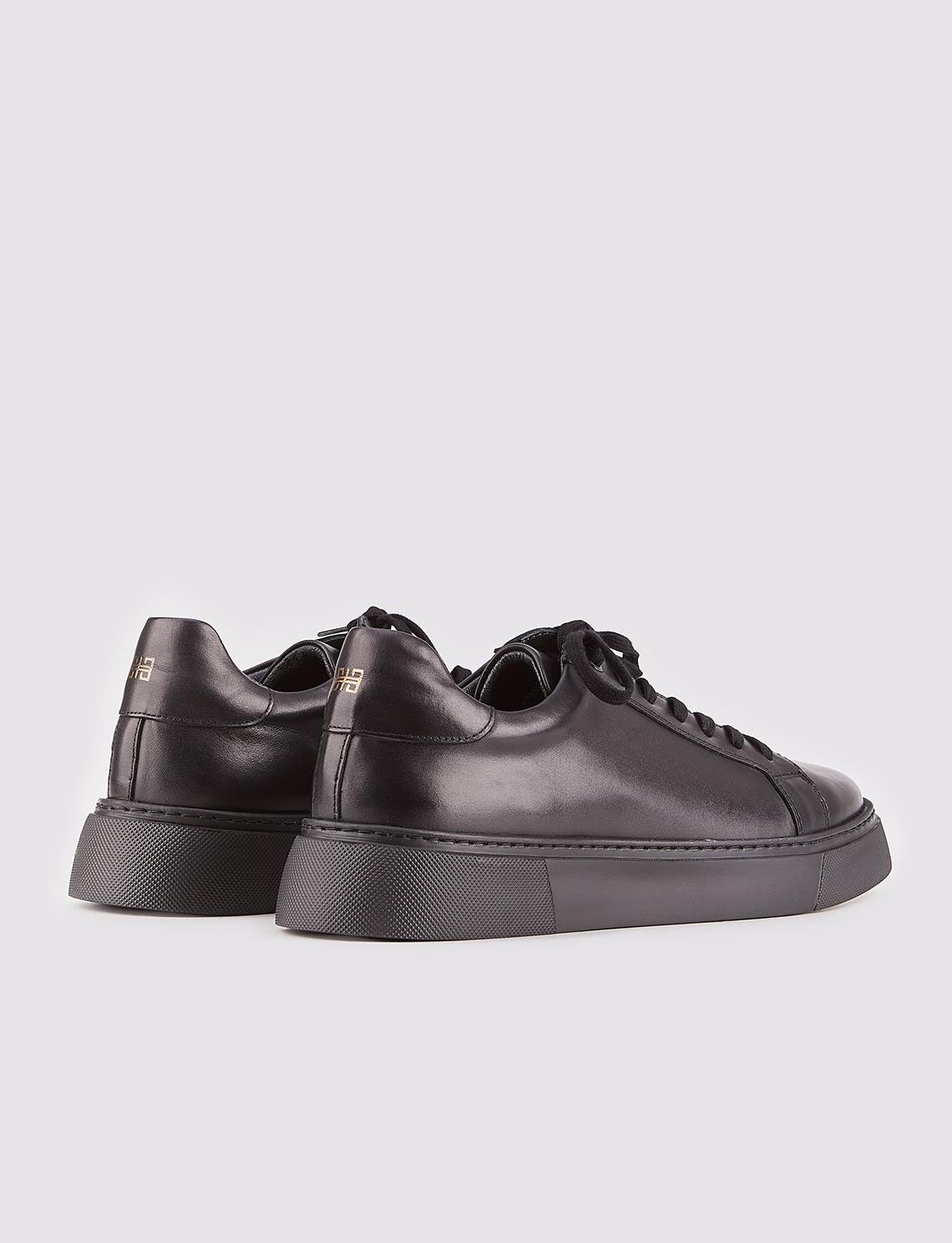 Hakiki Deri Siyah Bağcıklı Eva Tabanlı Sneaker Erkek Spor Ayakkabı