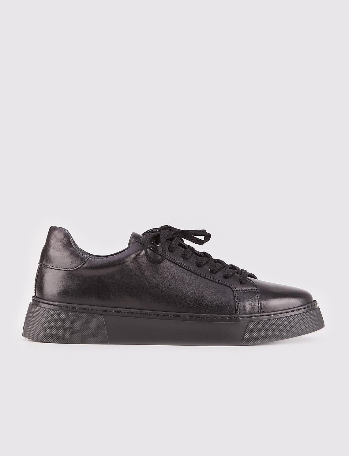 Hakiki Deri Siyah Bağcıklı Eva Tabanlı Sneaker Erkek Spor Ayakkabı