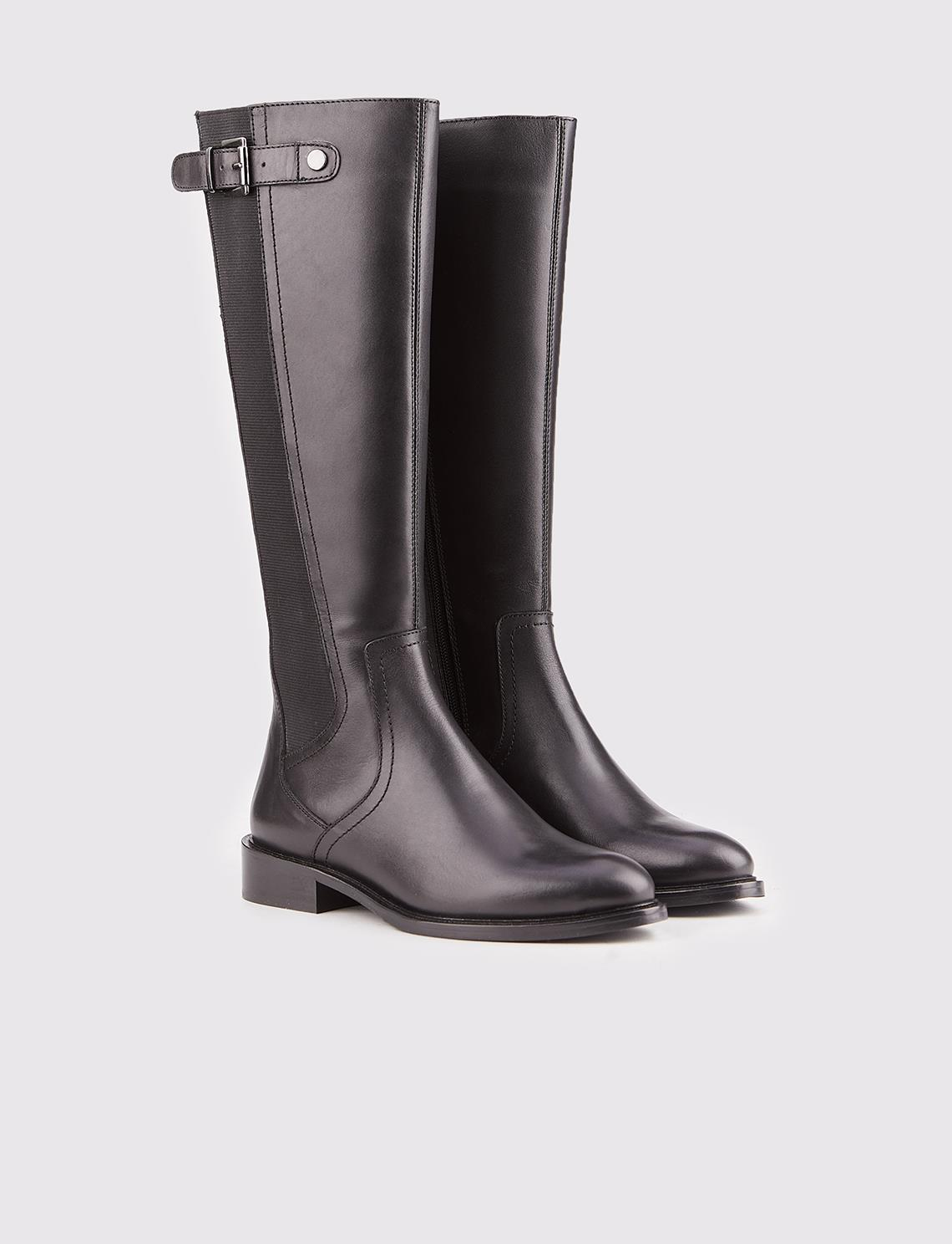 Women Black Genuine Leather Buckle Decor High Knee Boots