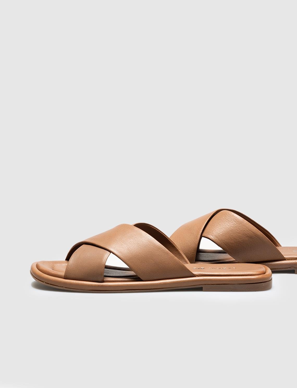 Women Tan Genuine Leather Cross Strap Slides