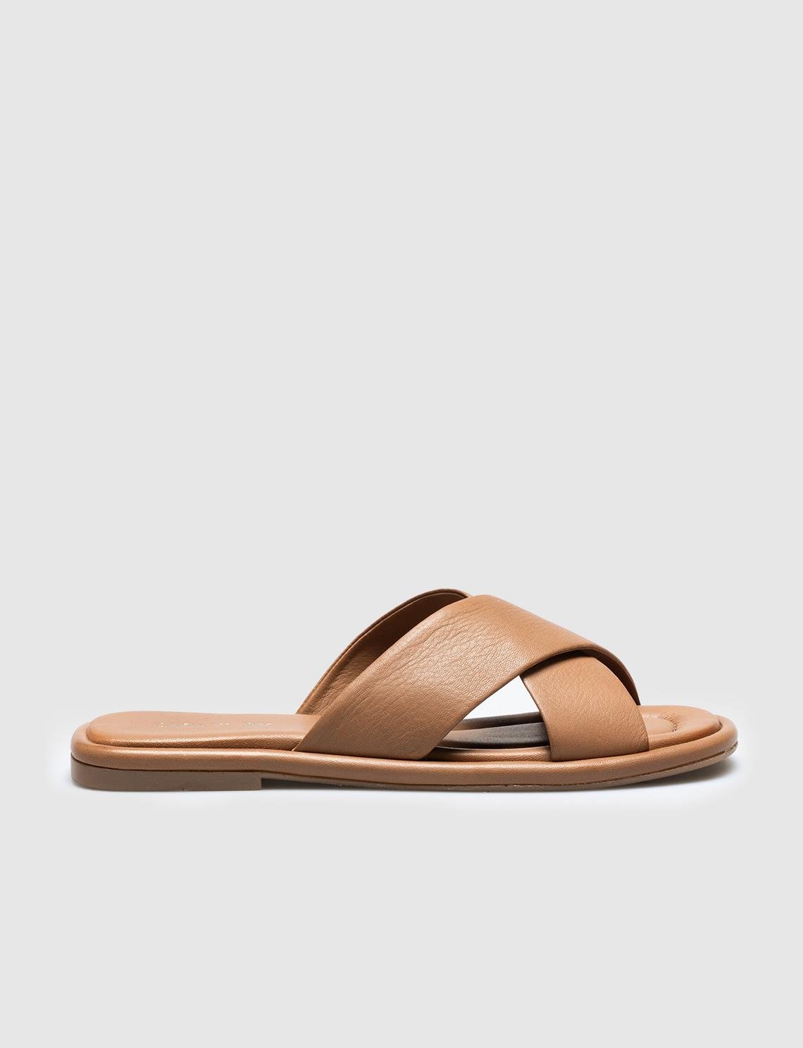 Women Tan Genuine Leather Cross Strap Slides