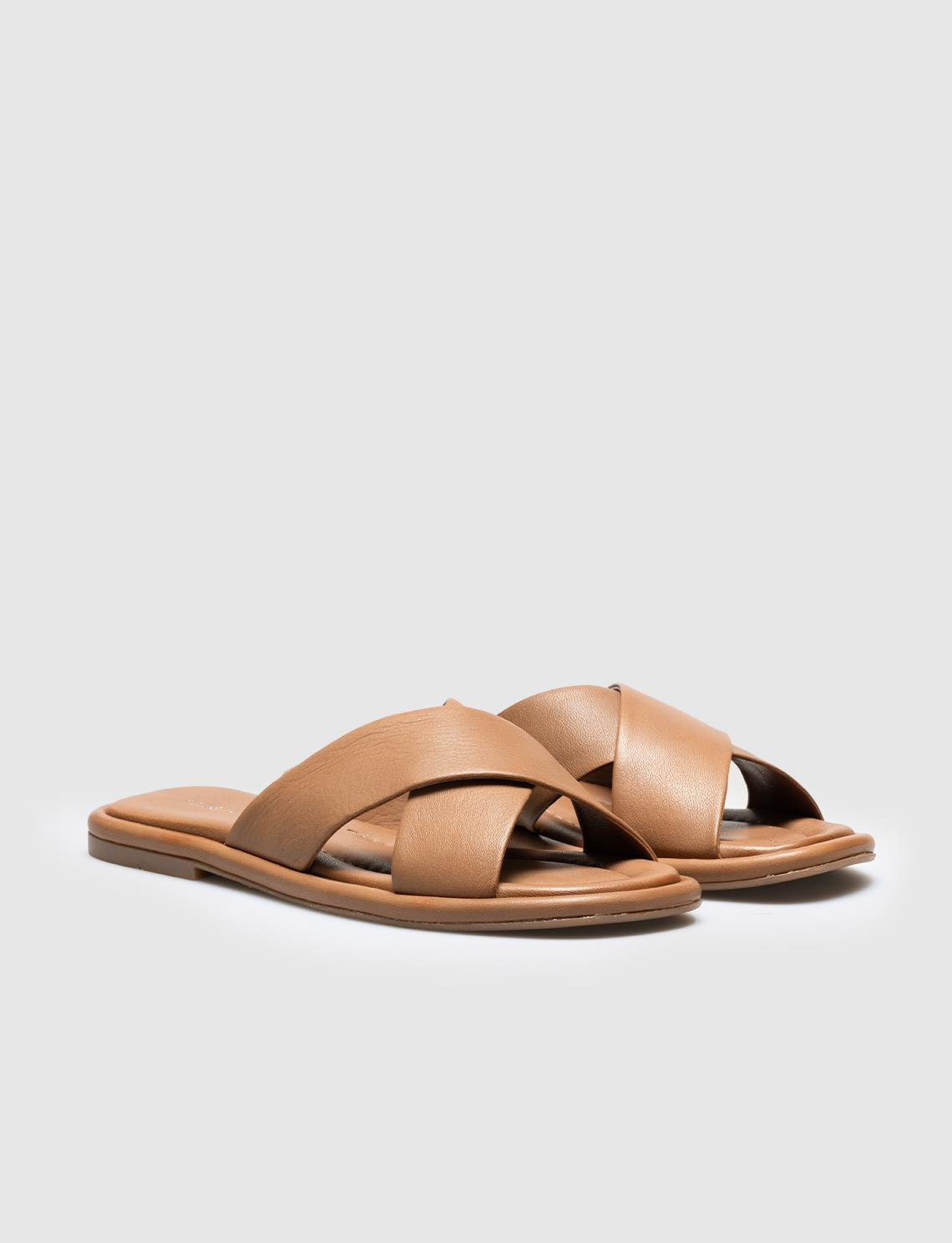 Women Tan Genuine Leather Cross Strap Slides