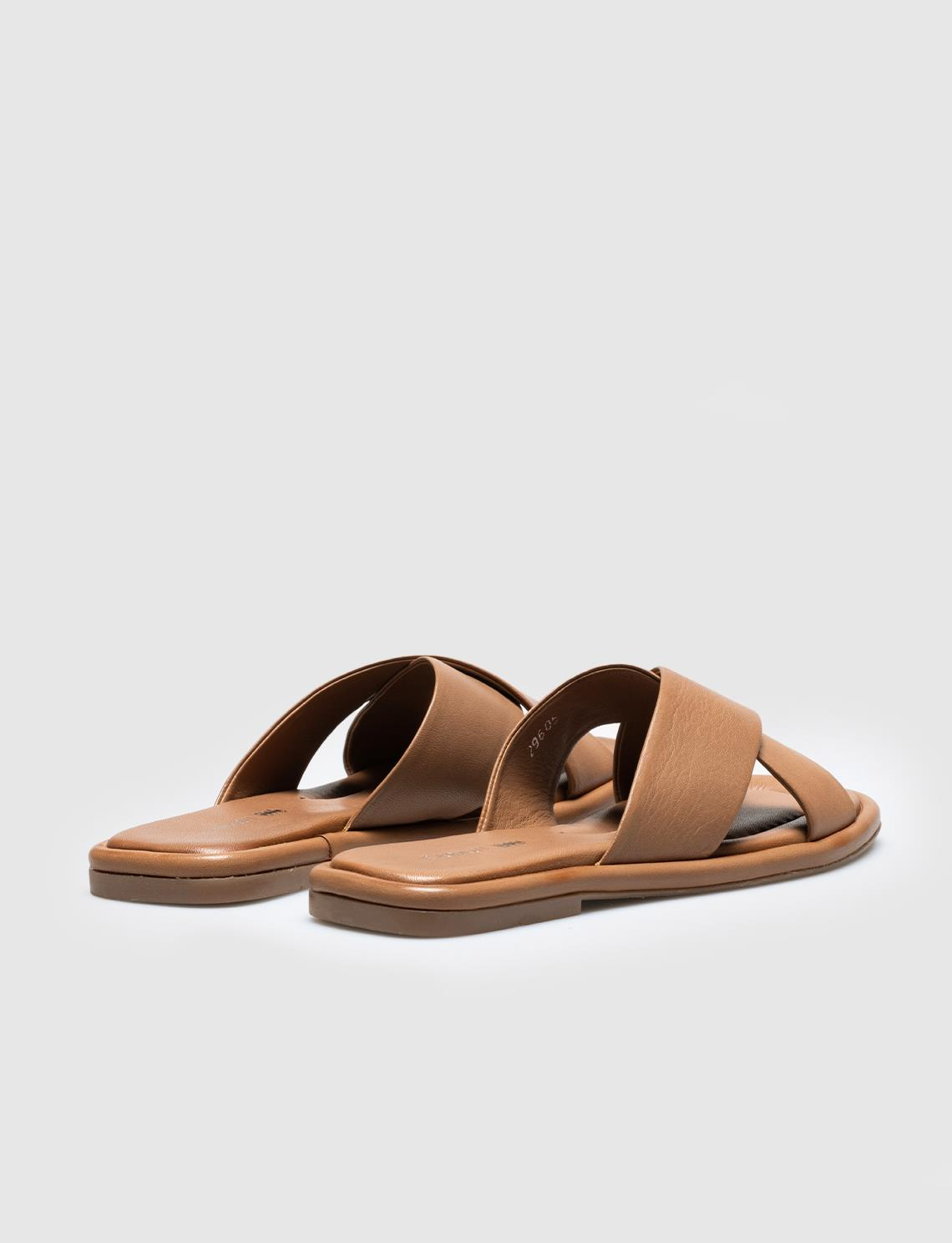 Women Tan Genuine Leather Cross Strap Slides