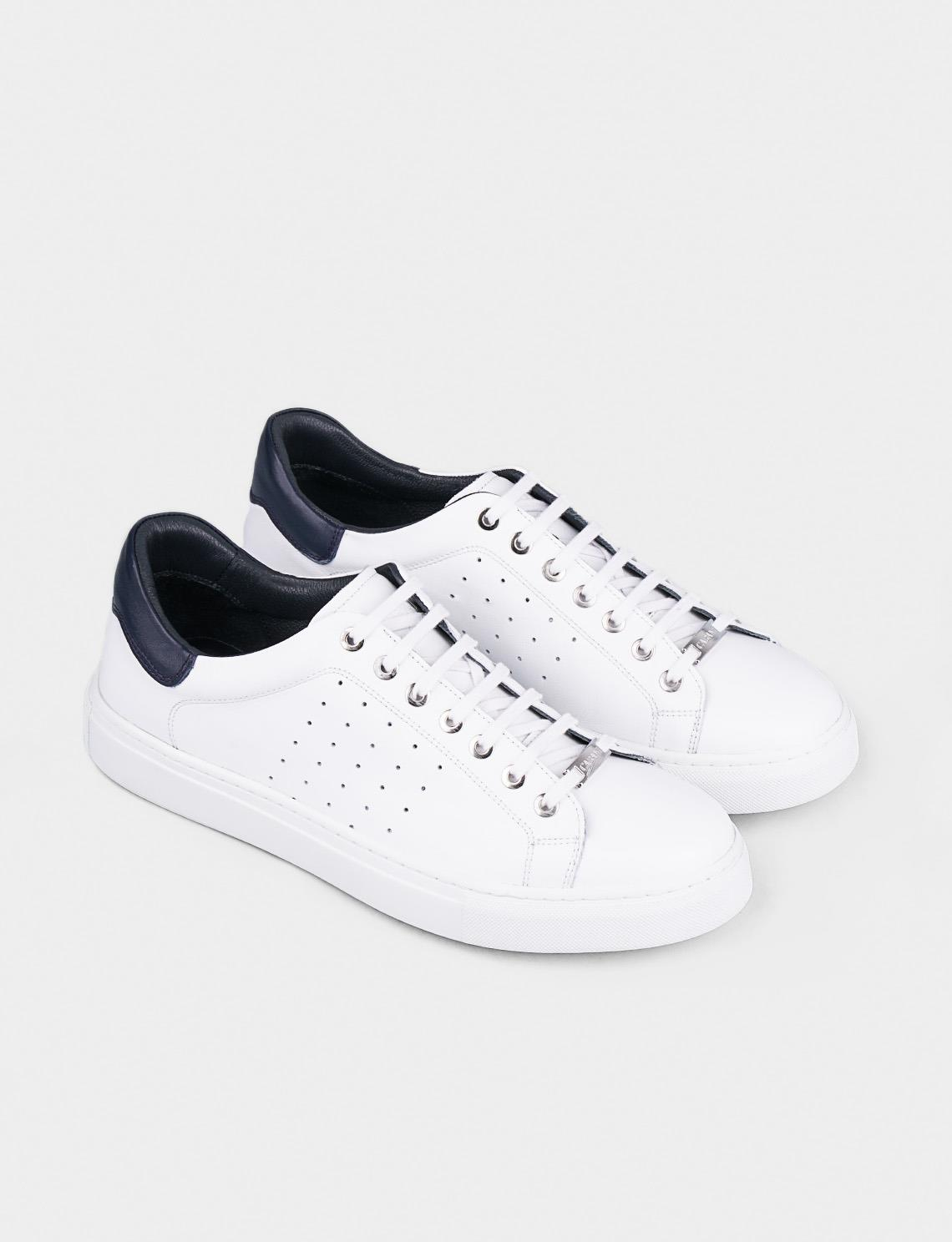 Men White Genuine Leather Lace Up Low Top Sneakers