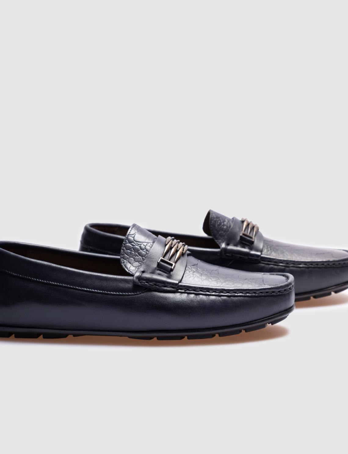 Men Navy Blue Genuine Leather Loafers