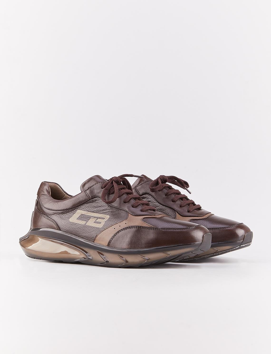 Men Brown Genuine Leather Color Block Chunky Sneakers