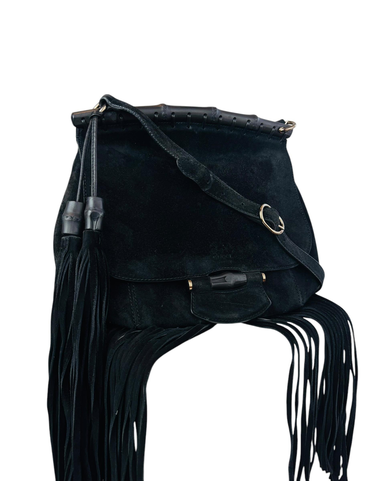 GUCCI SUEDE BAMBOO FRINGED CROSSBODY BAG