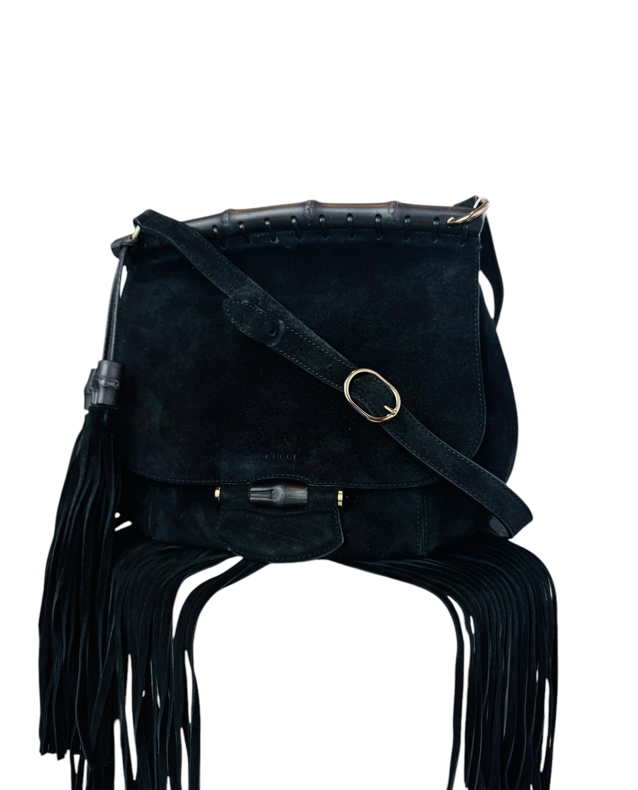 GUCCI SUEDE BAMBOO FRINGED CROSSBODY BAG