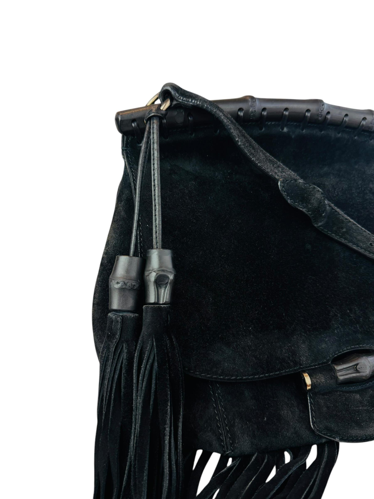 GUCCI SUEDE BAMBOO FRINGED CROSSBODY BAG