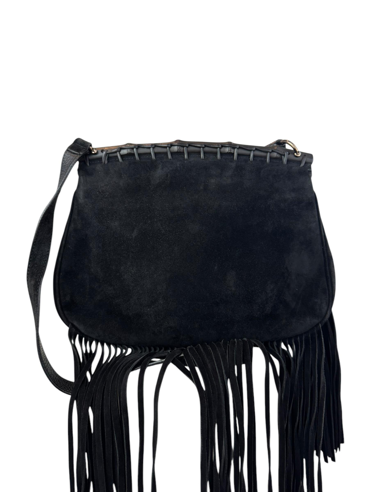 GUCCI SUEDE BAMBOO FRINGED CROSSBODY BAG