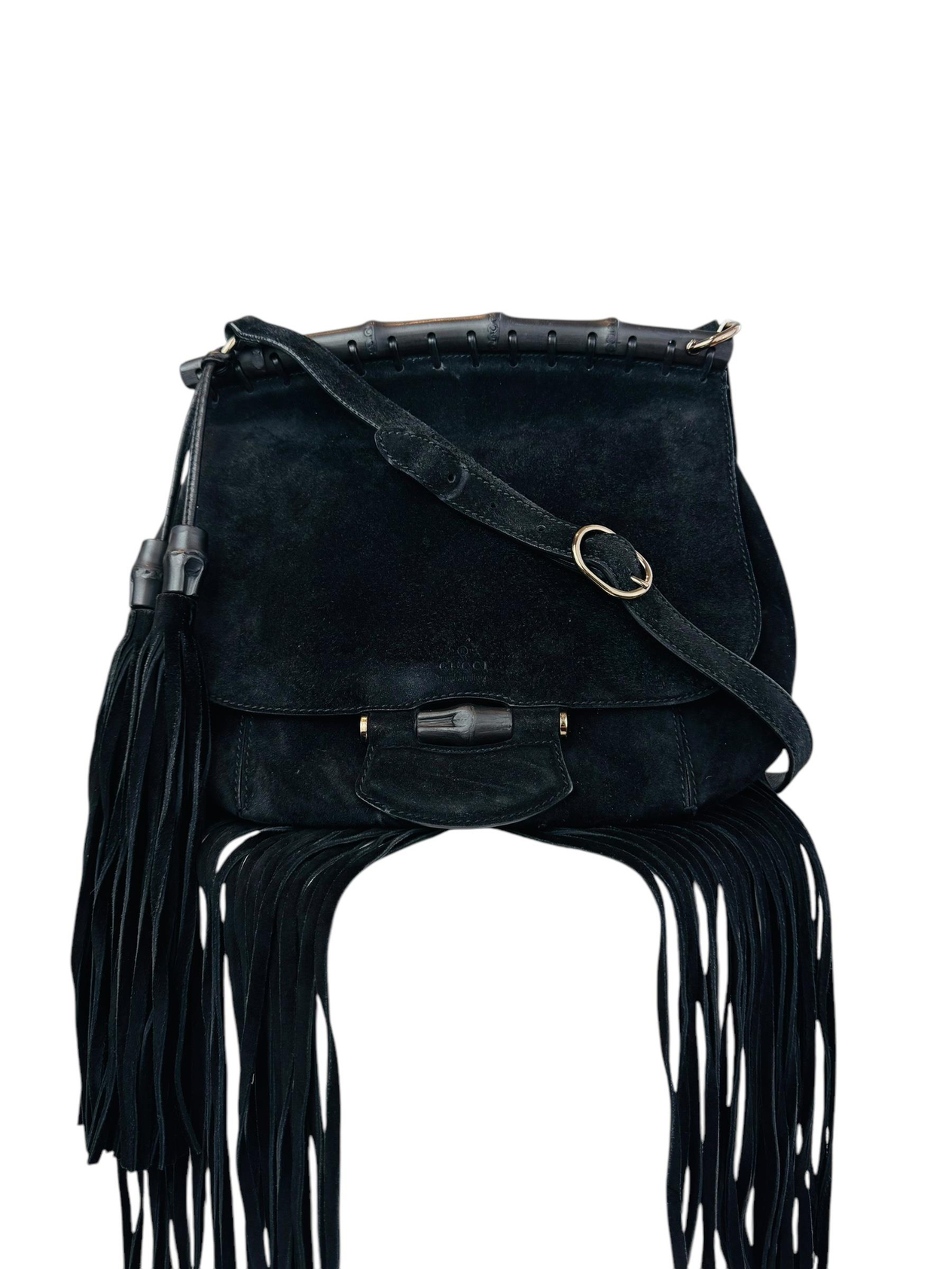 GUCCI SUEDE BAMBOO FRINGED CROSSBODY BAG