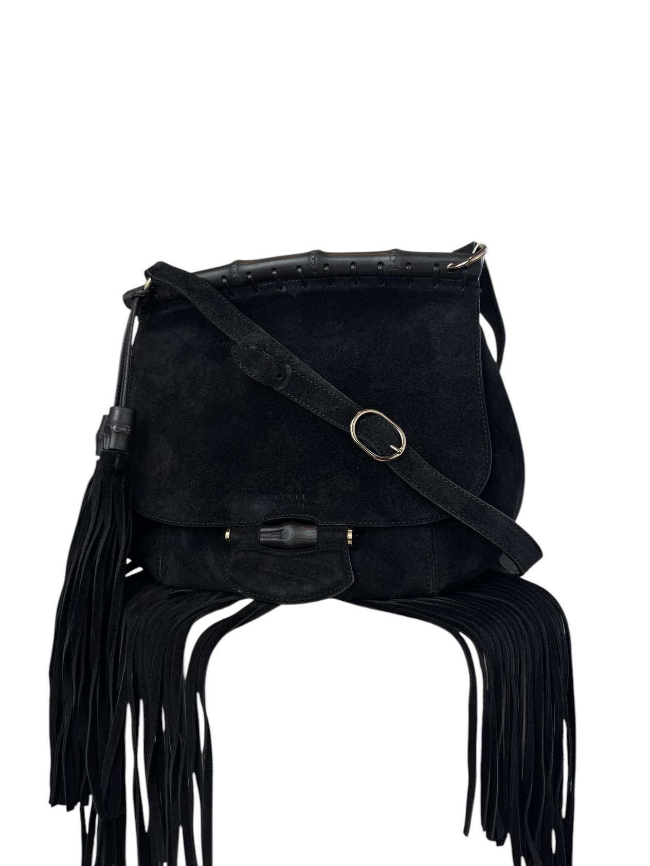 GUCCI SUEDE BAMBOO FRINGED CROSSBODY BAG
