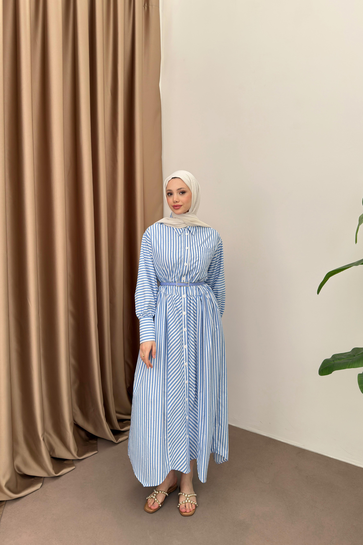 Taşlı Çizgili Poplin Elbise - Mavi