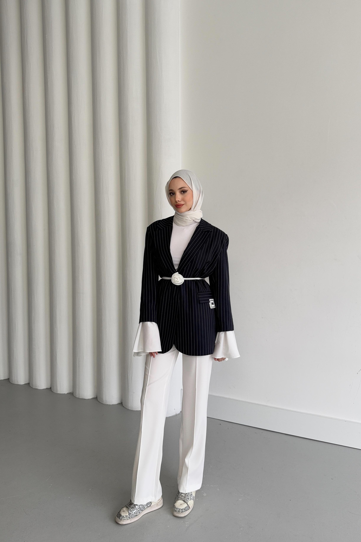 Volan Kol Çizgili Blazer Ceket - Lacivert