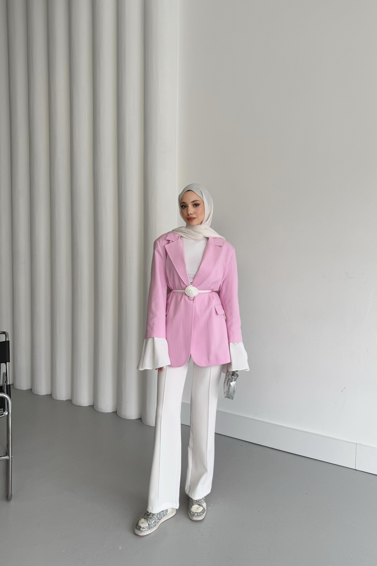 Volan Kol Çizgili Blazer Ceket - Pembe