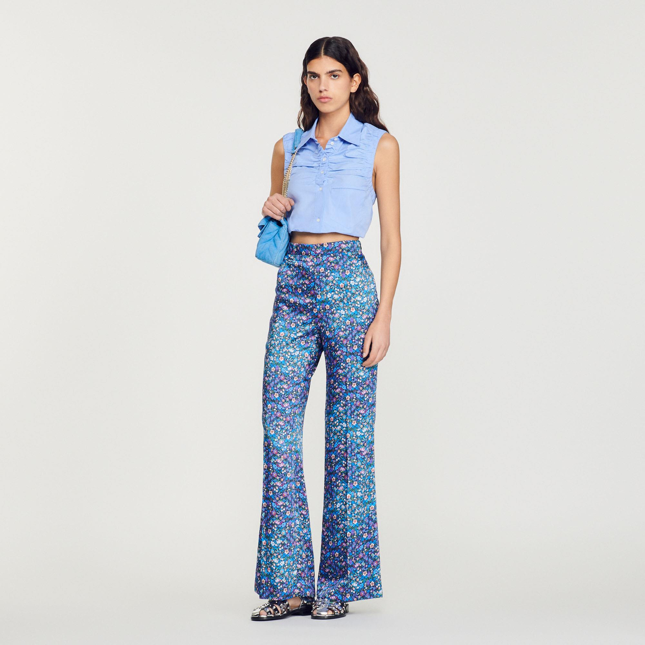 Floral Desen Saten Geniş Paça Pantolon