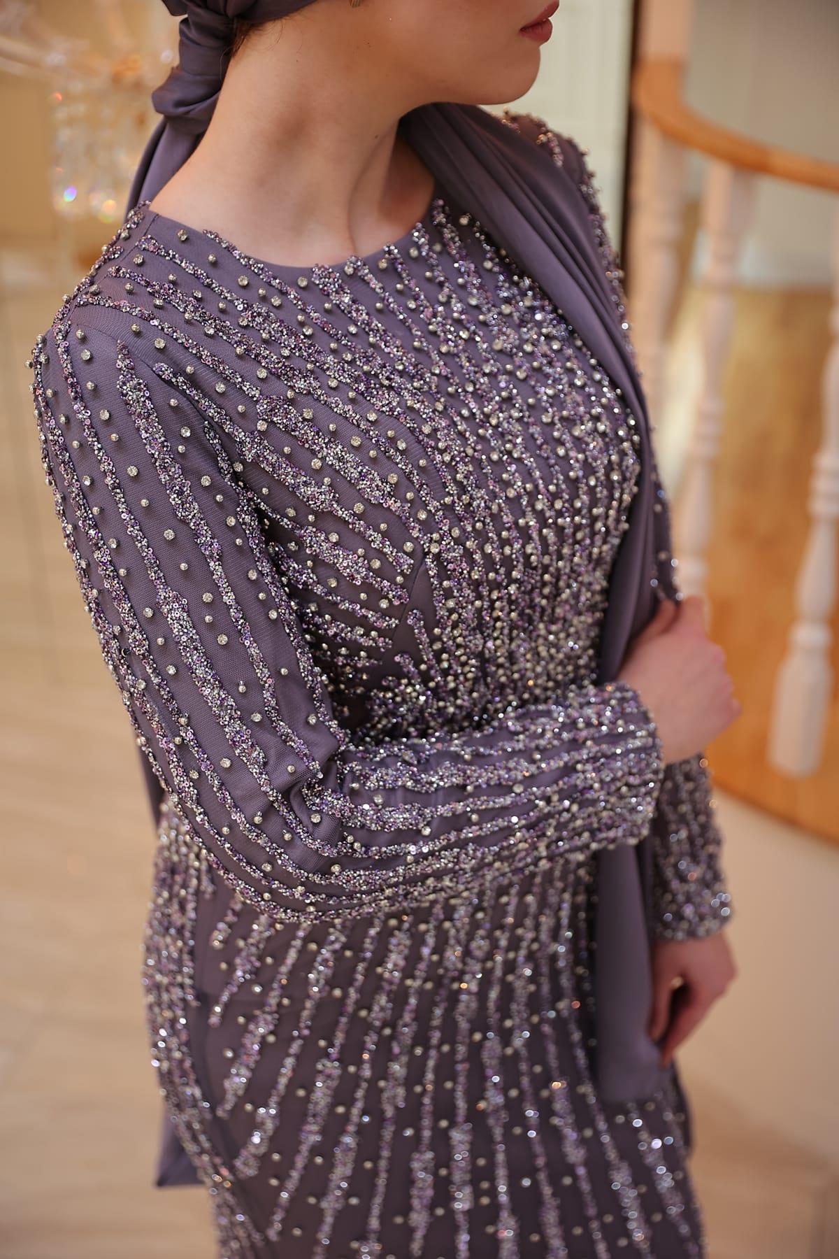 Elegant Taş Baskılı Tesettür Abiye Mor
