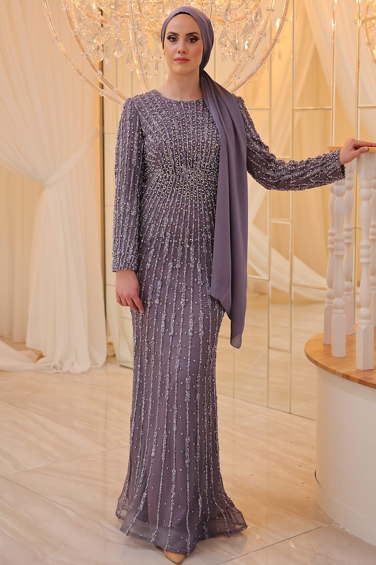 Elegant Taş Baskılı Tesettür Abiye Mor