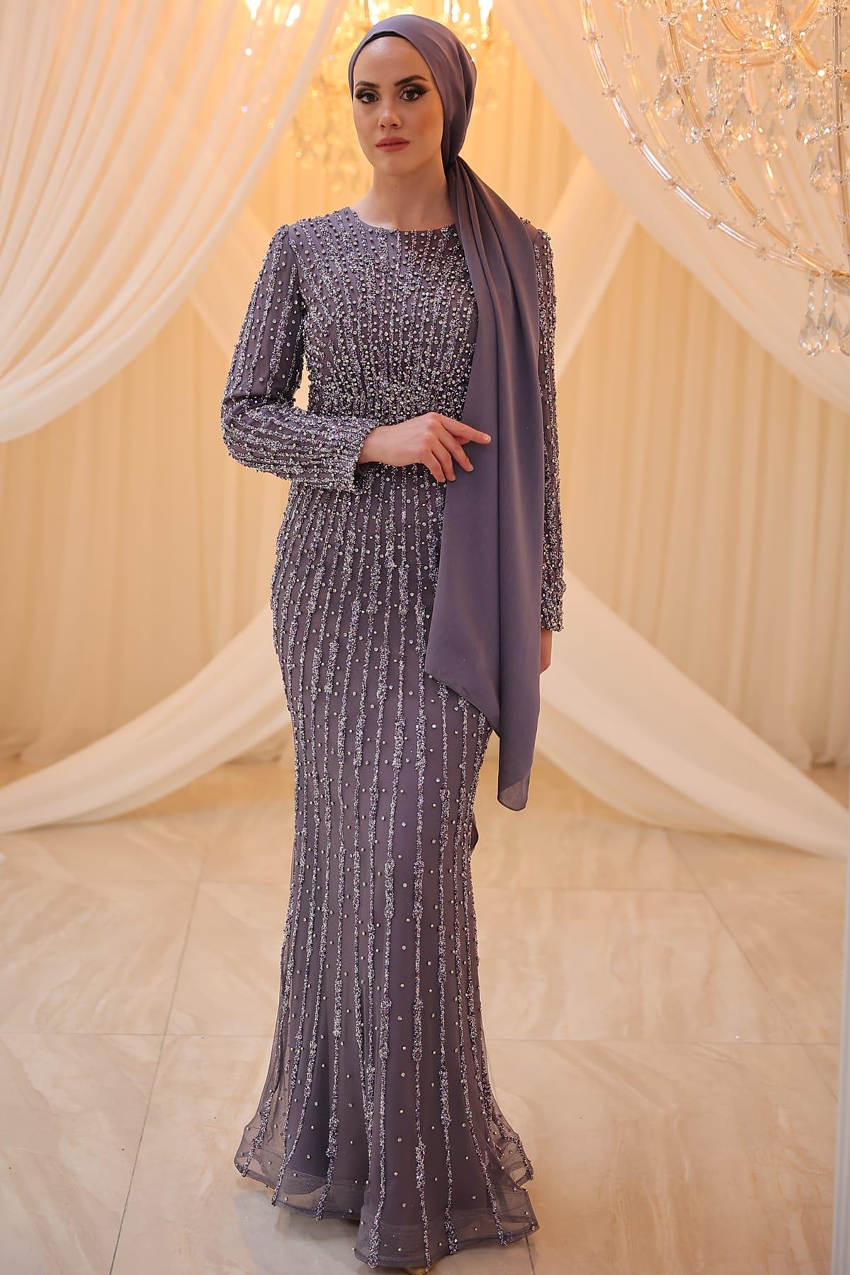 Elegant Taş Baskılı Tesettür Abiye Mor