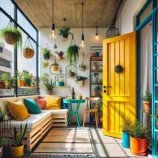 kapalı balkon dekorasyonu canlı renkler