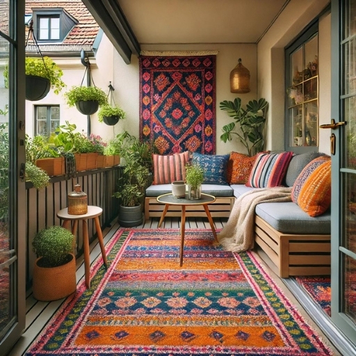 kapalı balkon dekorasyonu renkli halılarla sıcaklık