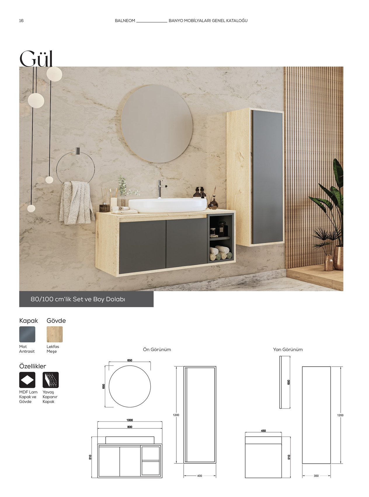 Balneom Gül 100 Cm Banyo Dolabı Ayna Lavabo Boy Dolabı