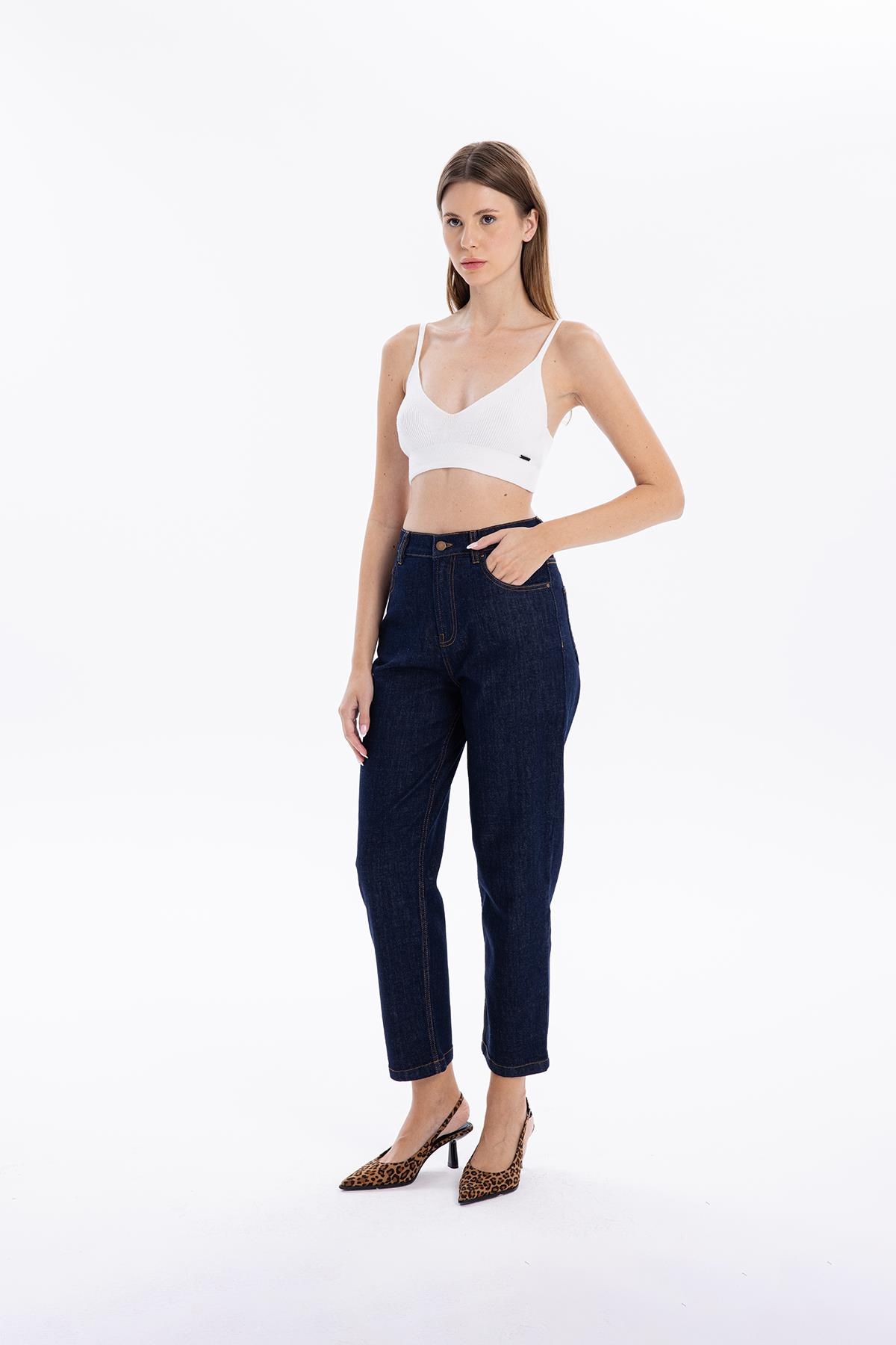5 Cep Yüksek Bel Mom Fit Kadın Denim Jean Pantolon