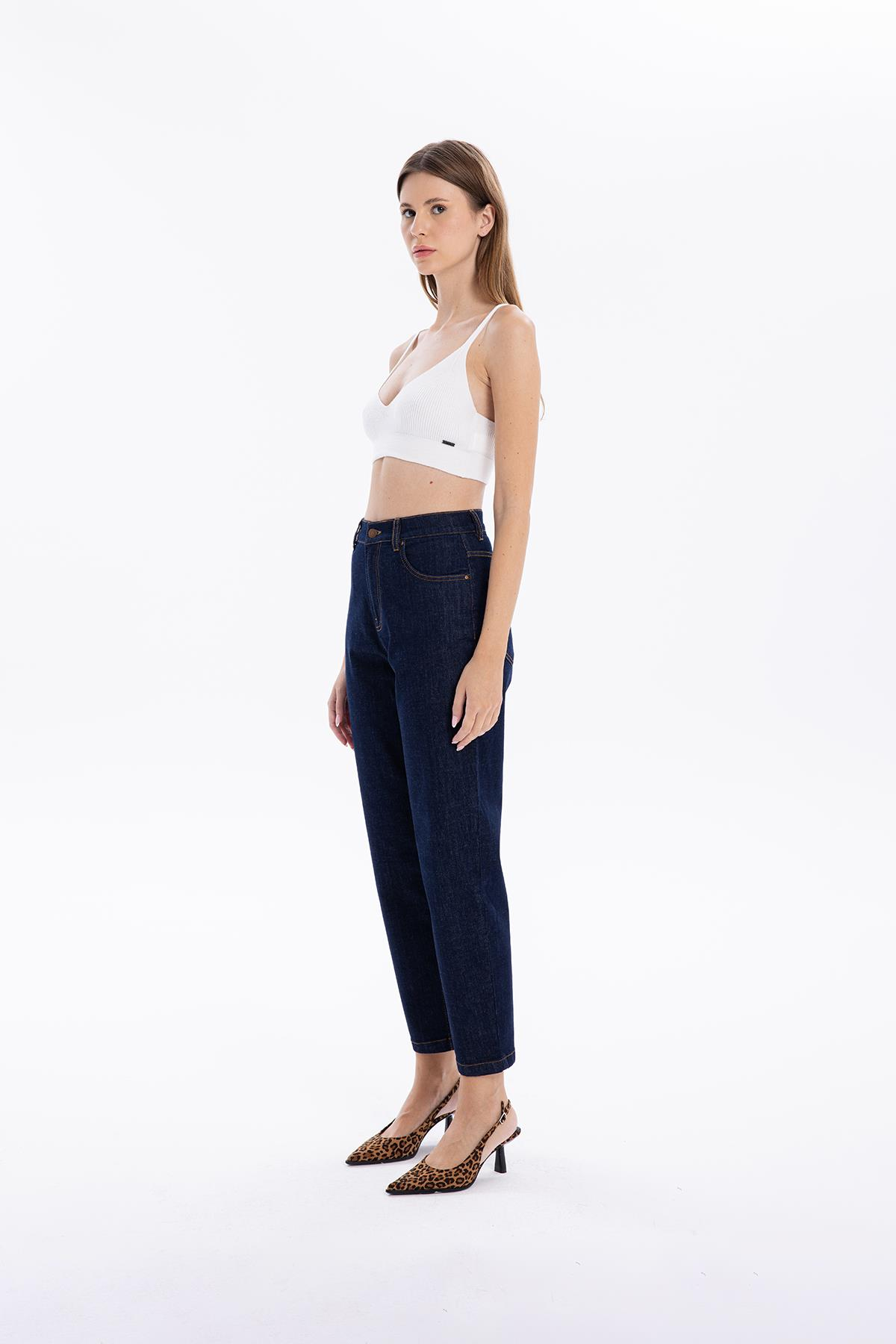 5 Cep Yüksek Bel Mom Fit Kadın Denim Jean Pantolon