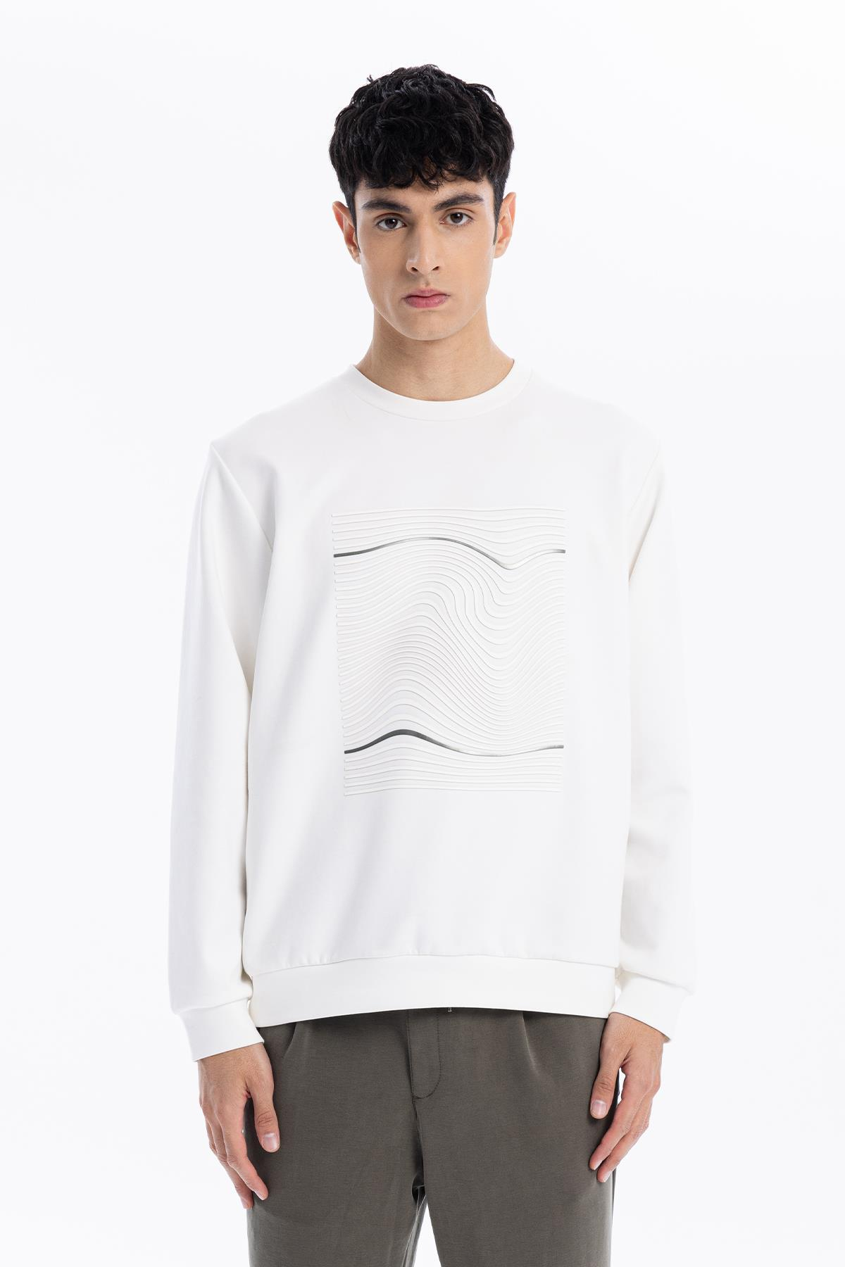 Bisiklet Yaka Dalga Baskılı Erkek Sweatshirt