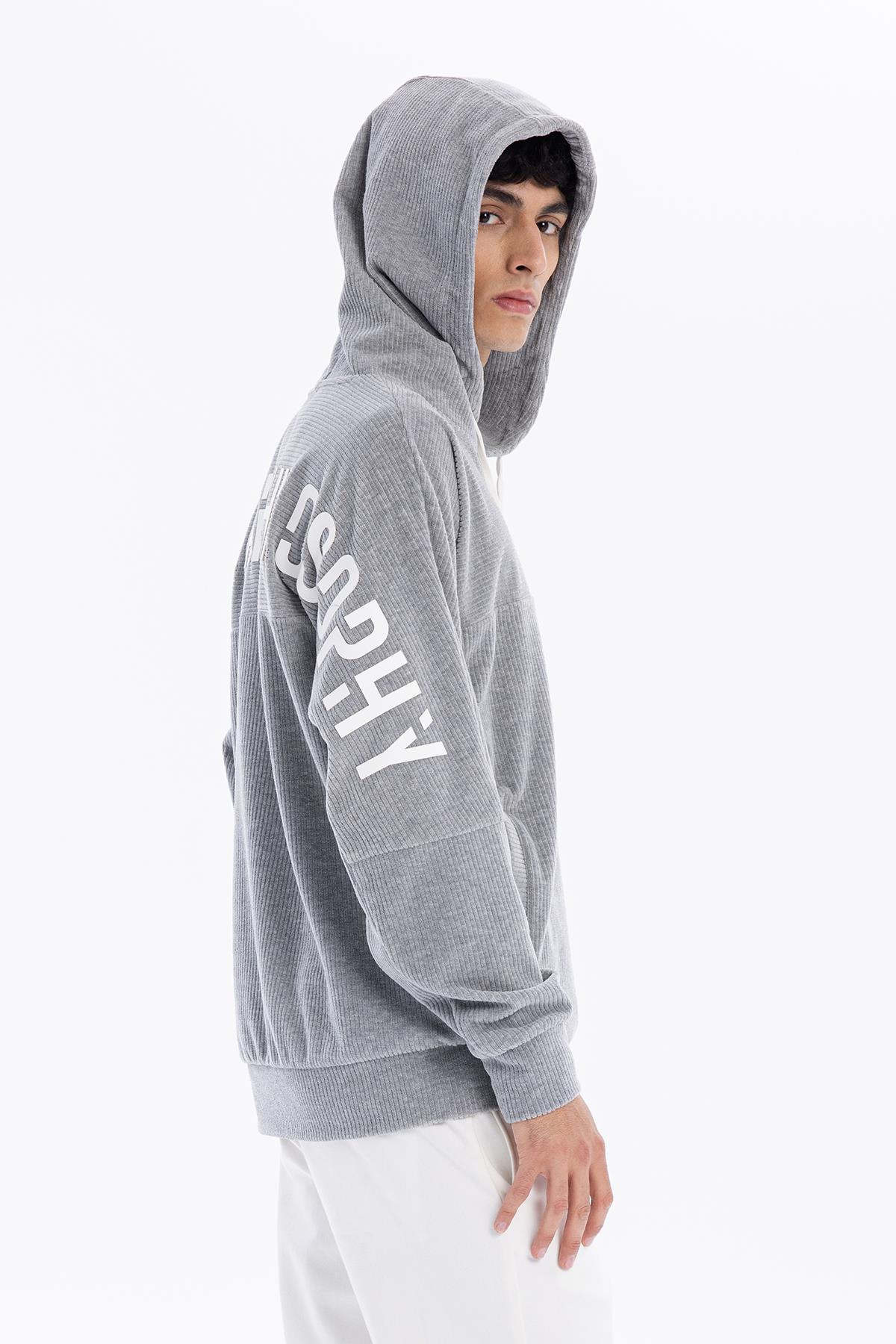 Kapüşonlu Baskı Detaylı Kadife Erkek Sweatshirt