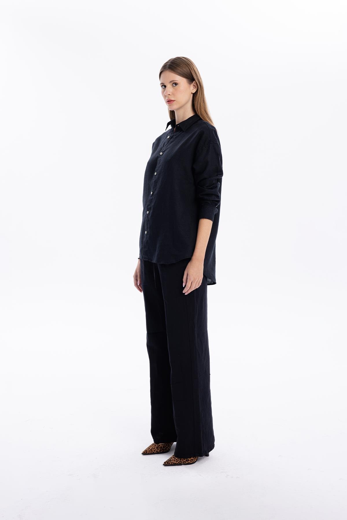 Oversize %100 Keten Uzun Kollu Kadın Gömlek