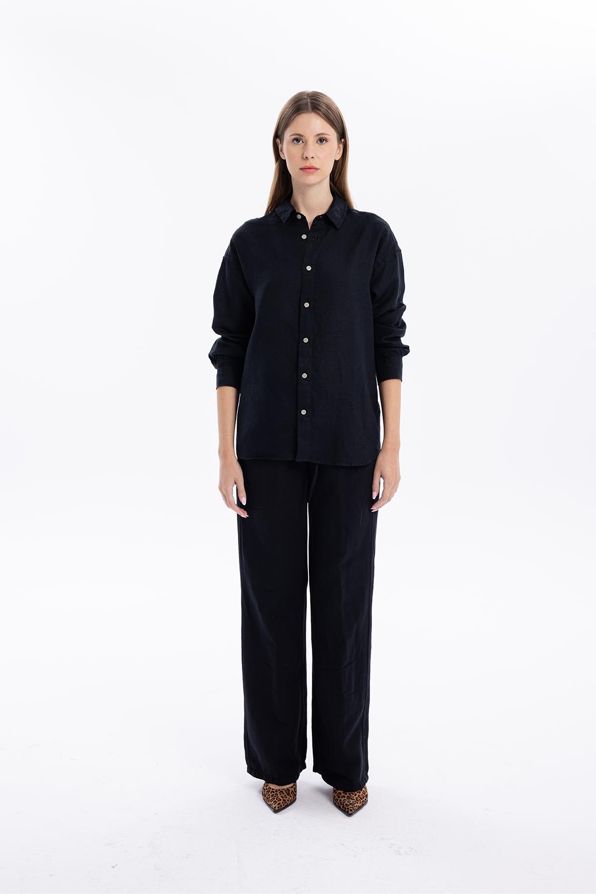 Oversize %100 Keten Uzun Kollu Kadın Gömlek