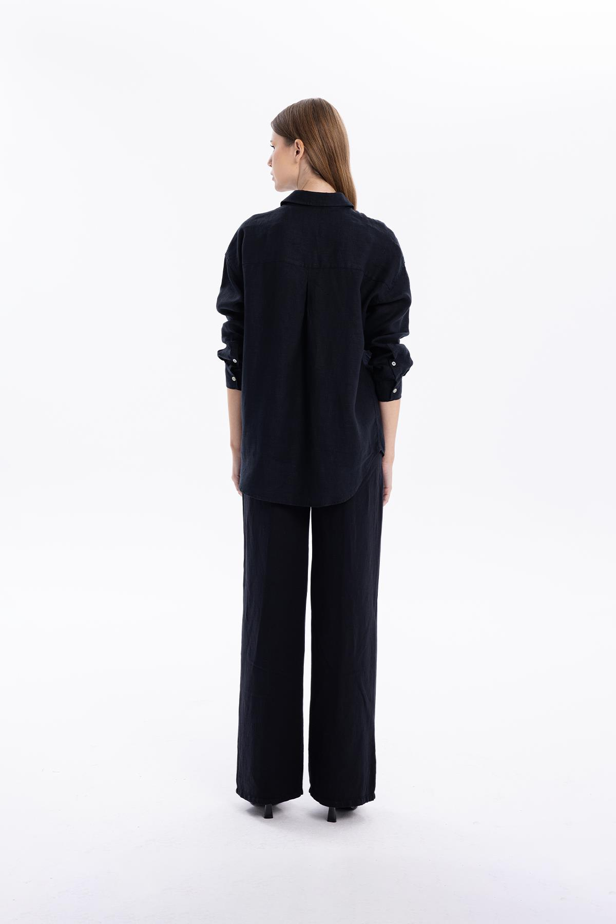 Oversize %100 Keten Uzun Kollu Kadın Gömlek
