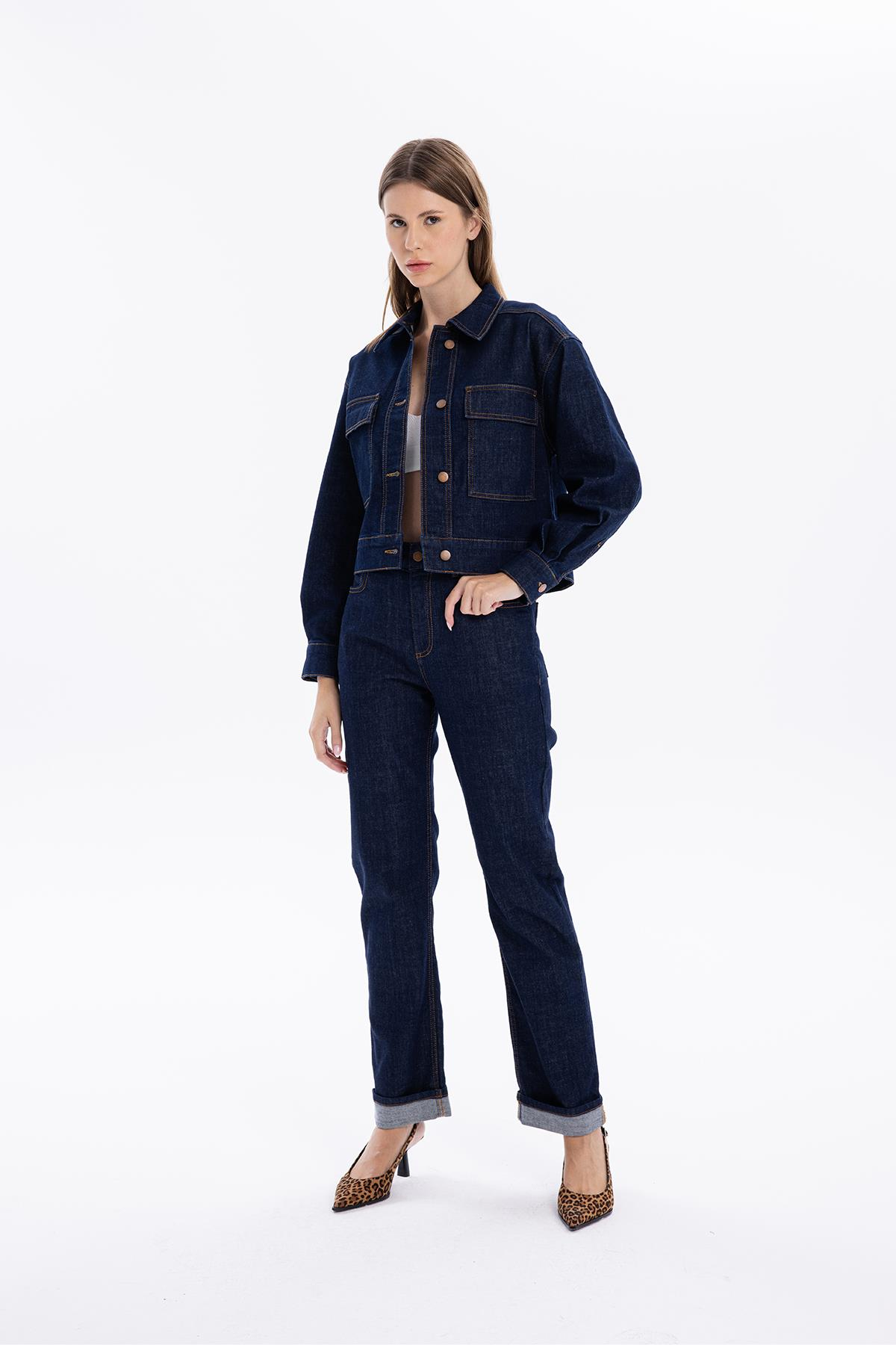 Slim Fit Cepli Denim Kadın Ceket