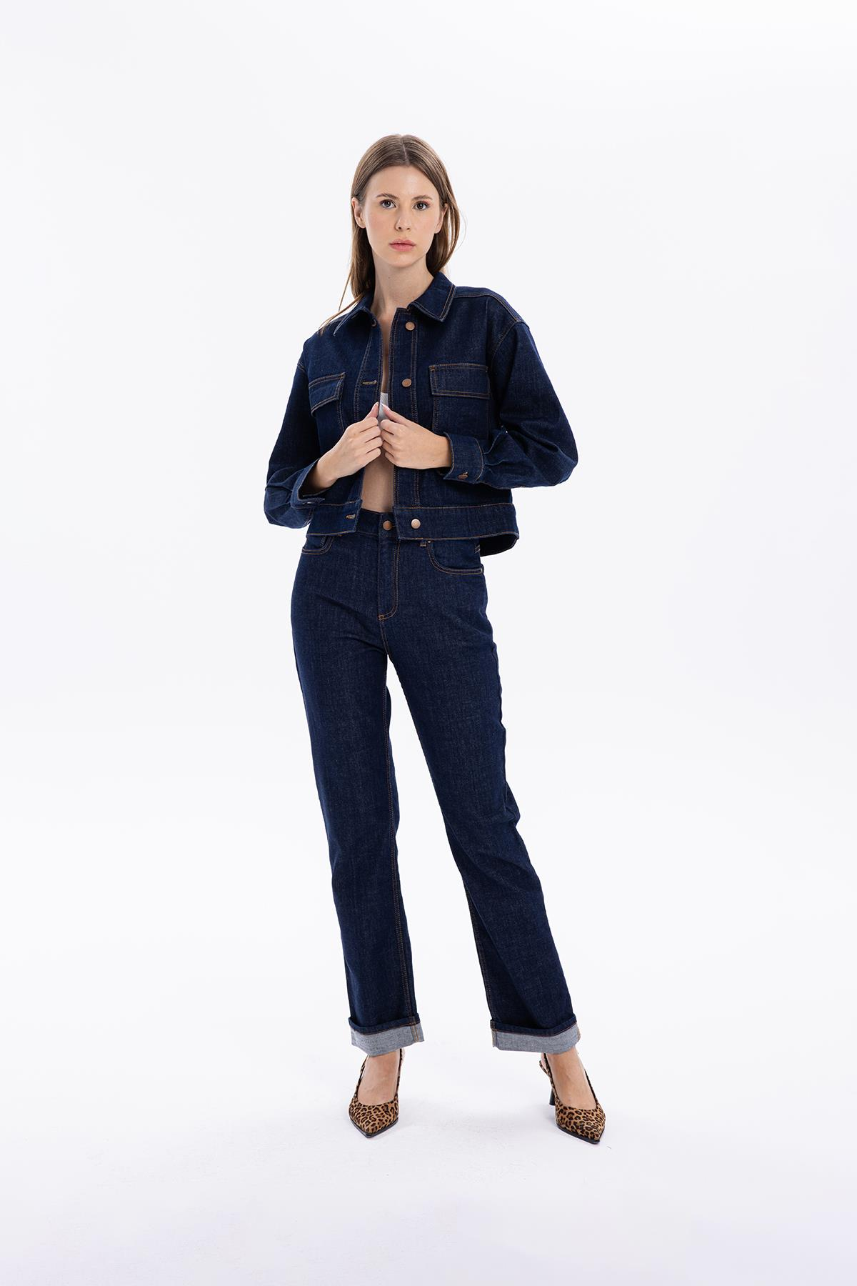 Slim Fit Cepli Denim Kadın Ceket