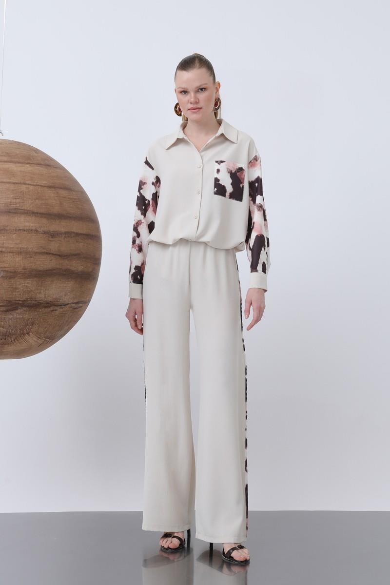DESEN DETAYLI BELİ LASTİKLİ BEJ PANTOLON 18236
