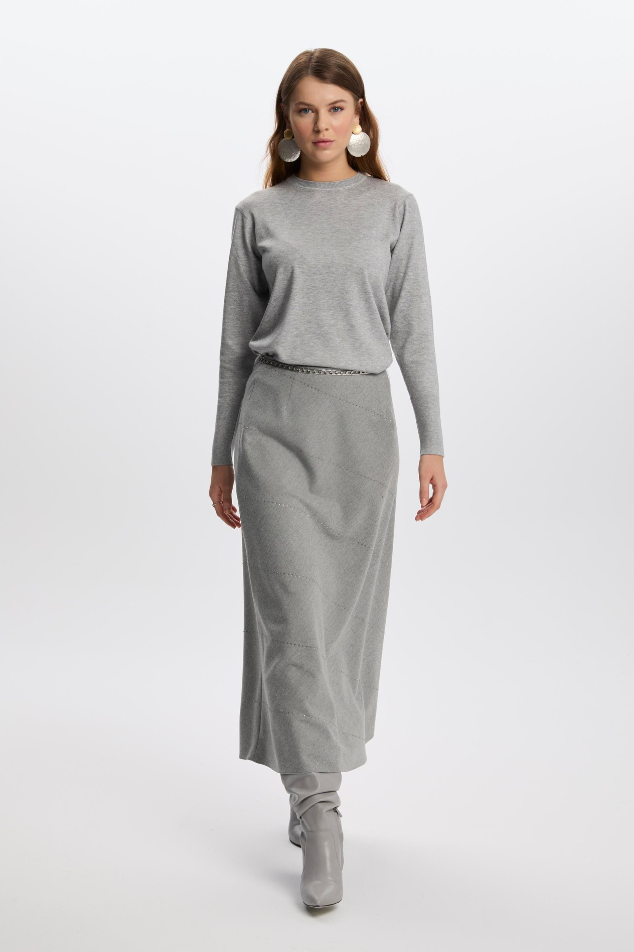 Şerit Detaylı Gri Etek 0165