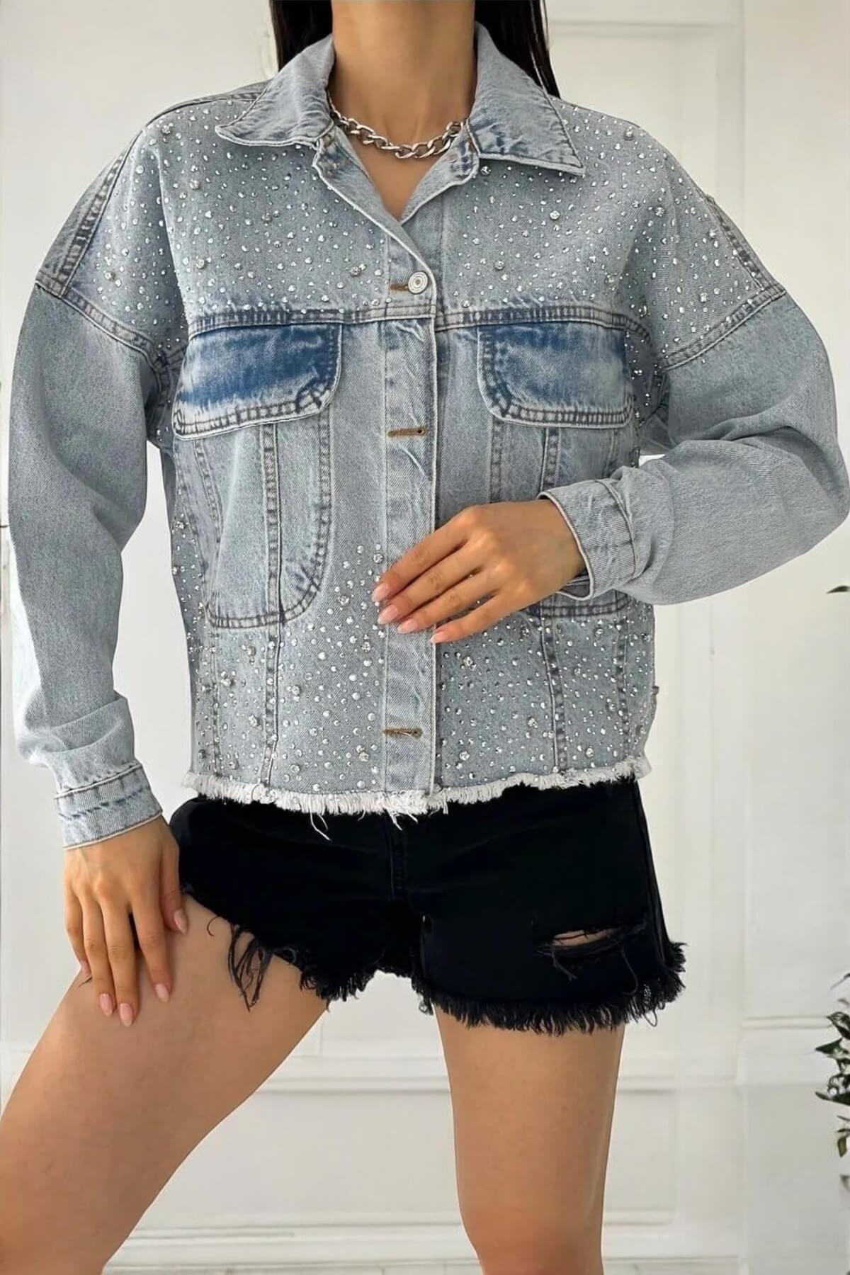 Kadın Serpme Taşlı Oversize Mavi Kot Ceket Ceket
