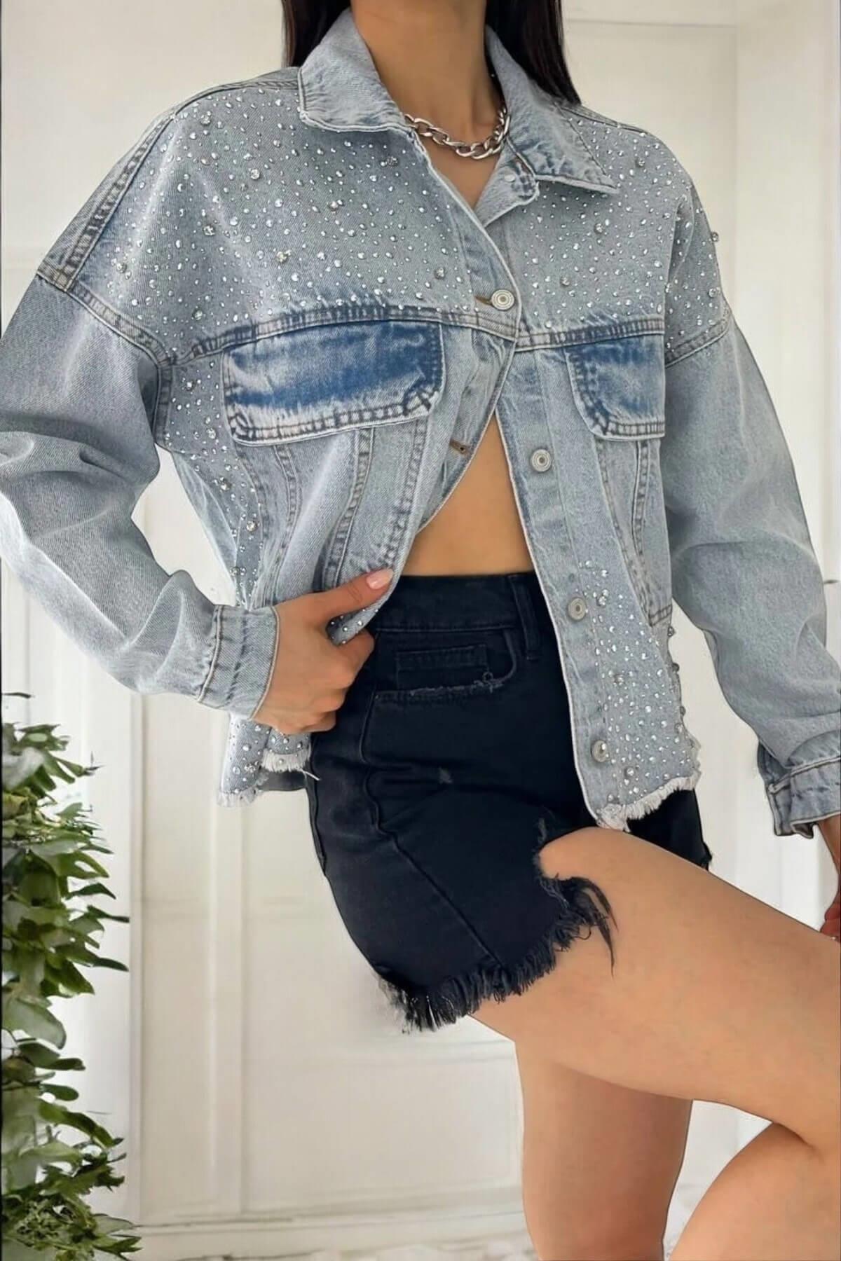 Kadın Serpme Taşlı Oversize Mavi Kot Ceket Ceket