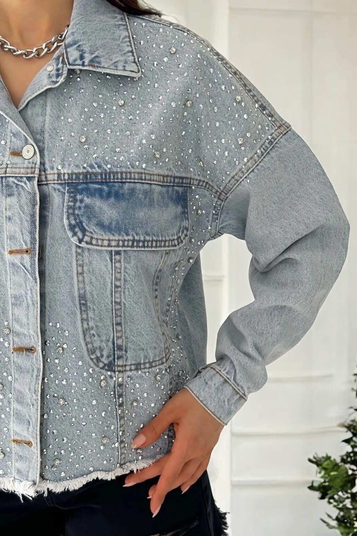 Kadın Serpme Taşlı Oversize Mavi Kot Ceket Ceket