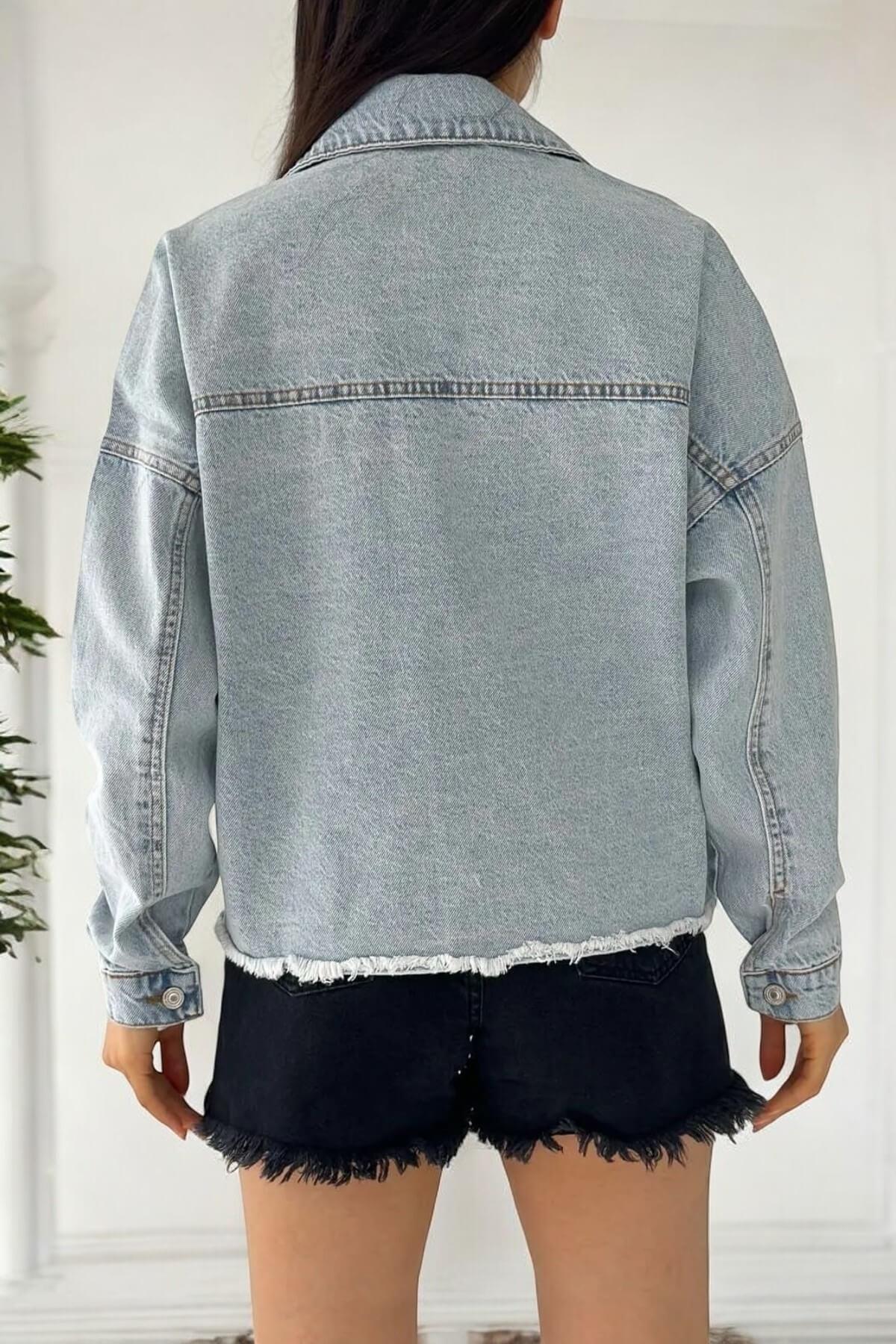 Kadın Serpme Taşlı Oversize Mavi Kot Ceket Ceket
