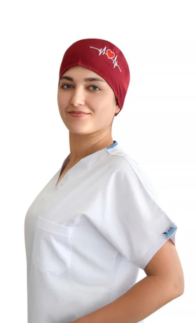 Unisex Bordo Kalp Ritim Nakışlı Cerrahi Bone Doktor Hemşire Saç Bone