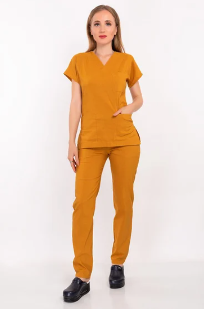 Unisex Hardal Renk Likralı Hemşire Doktor Üniforma Takımı Scrubs
