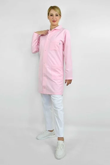 Unisex Pembe Alpaka Hakim Yaka Fabrika İş Önlüğü Labaratuvar Önlük